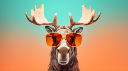 a moose wearing sunglasses against a vibrant blue background