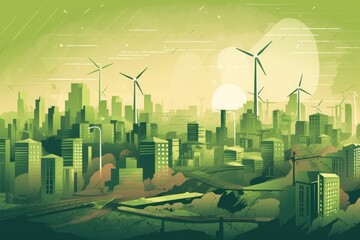 A clean, green cityscape with renewable energy sources, promoting sustainable urban development. Introduction of ecological alternative energy sources. Energy distribution, transmission. Generative AI