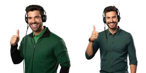 Smiling telemarketer pointing at empty space on green chroma background - obrazy, fototapety, plakaty
