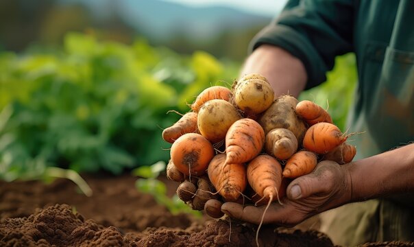 close-up of a farmer's hands holding freshly harvested vegetables, such as carrots, potatoes, and lettuce, with the rich, fertile soil of the farm visible . Generative AI