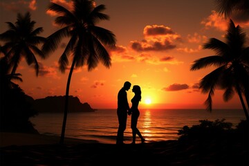 A romantic couple stands before a sunset, framed by palm trees' silhouettes