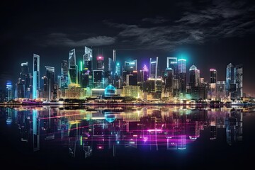 Obraz premium City skyline at night with buildings adorned with colorful LED lights powered by solar energy, creating a futuristic and sustainable cityscape. AI Generative.