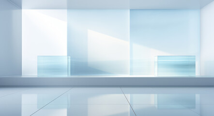 3D rendering of a white room with a glass wall and a white floor