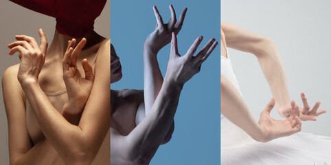 Collage. Cropped image of human body, hands showing expressive gestures during dance. Ballet...