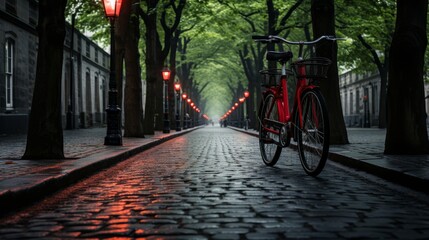 Red bicycle is parked on a cobblestone street. Generative AI.
