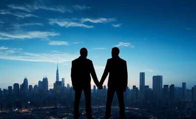 Fototapeta premium Happiness in silhouette, Gay men holding hands, cityscape, and blue sky