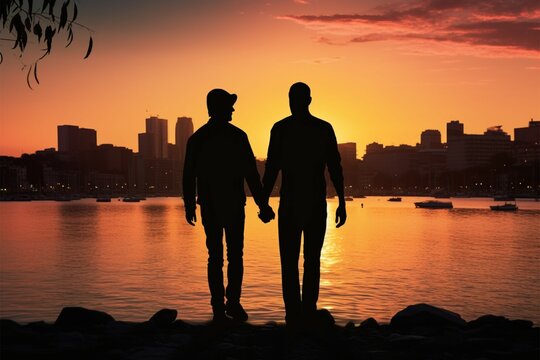Happy gay men in silhouette, holding hands, amid a sunset city by the sea