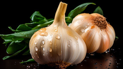 Garlic Aesthetic Food Photography: Allium sativum Isolated on Solid Black Background. Generative AI.
