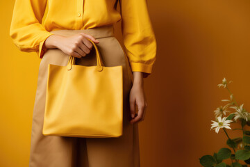 Girl holding yellow bag, mock-up