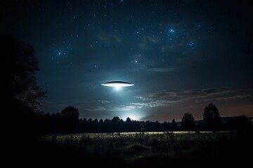 World UFO day. A mysterious night sky with a bright unidentified flying object. Intrigue and wonder associated with UFO sightings. Generative AI.