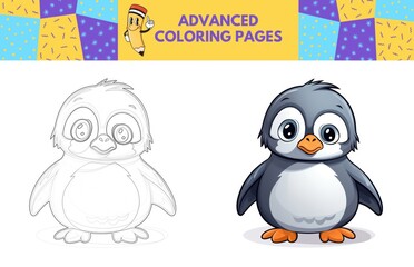 Penguin coloring page with colored example for kids. Coloring book