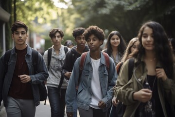 A diverse group of students walking together towards a school building, carrying backpacks and books. The excitement and anticipation of the first day of school. Back to school. Generative AI.