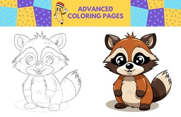 Raccoon coloring page with colored example for kids. Coloring book