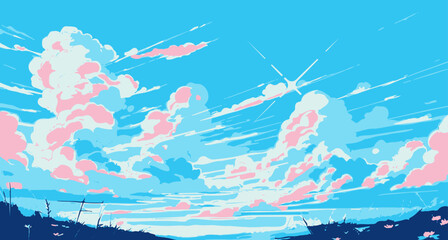 Bright cloudscape with a glowing star overhead. Vector illustration in cartoon anime style with retrofuturistic vaporwave vibe.