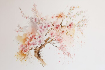 Watercolor painting of cherry blossom flowers on a white background, AI generated