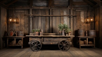 Fototapeta premium Rustic wheeled cart in an old plank room in the countrysi. Generative AI.