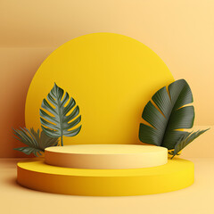 3d yellow podium with leaf product background