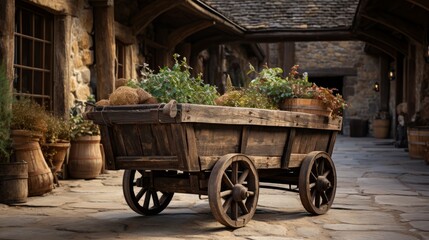 Rustic wheeled cart in an old plank room in the countrysi. Generative AI. - obrazy, fototapety, plakaty
