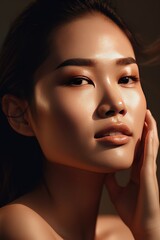 Fototapeta na wymiar Fashion portrait of young beautiful glowing skin Asian woman model, skin care, emphasizing the natural beauty and radiance of healthy skin, AI generated