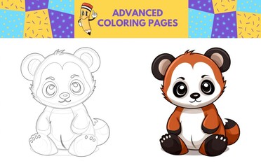 Panda coloring page with colored example for kids. Coloring book