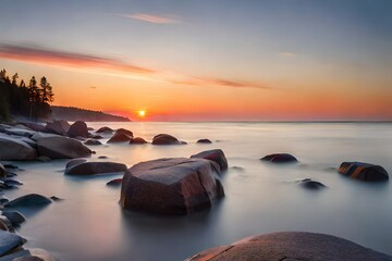 Fototapeta na wymiar Sunset seascape with boulders on the shore of Baltic sea. Amazingly colorful sky.