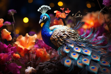 Obraz premium Beautiful colorful peacock with multicolored bright feathers in a blooming garden