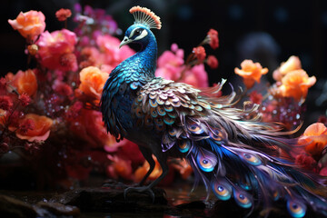 Beautiful colorful peacock with multicolored bright feathers in a blooming garden