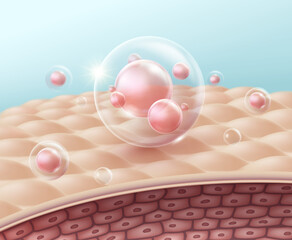 Serum or Vitamin Molecules float above the skin surface at close up. Realistic vector illustration.