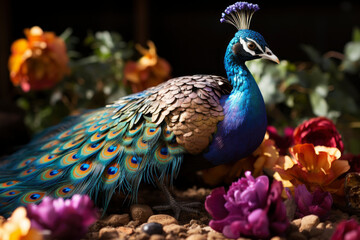 Fototapeta premium Beautiful colorful peacock with multicolored bright feathers in a blooming garden
