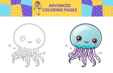 Jellyfish coloring page with colored example for kids. Coloring book