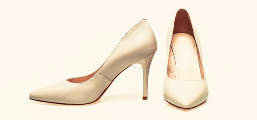 Stylish classic women leather shoe. Fashionable women shoes. White high heel women shoes