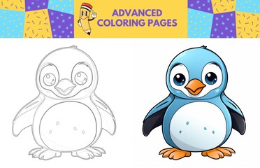 Penguin coloring page with colored example for kids. Coloring book