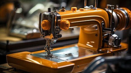 Fototapeta na wymiar Sewing machine is working on an orange-colored object. Generative AI.