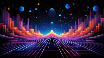A visually engaging op-art design featuring spaceships and neon lights in a mysterious and psychedelic setting, evoking a sense of mystery and wonder. Generative AI