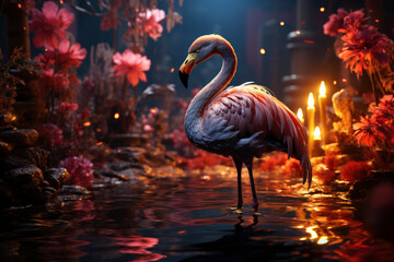 Surreal pink flamingo in a night blooming garden with flowers