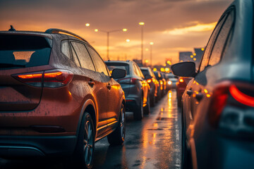 Traffic jam with a lot of cars on rainy evening - obrazy, fototapety, plakaty