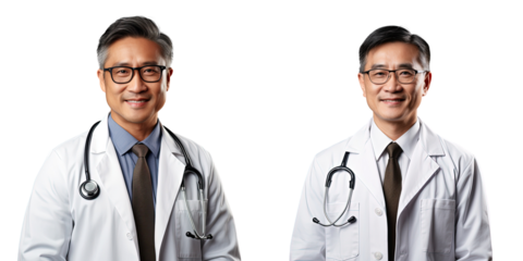 Cheerful middle aged Asian male therapist in white coat glasses and stethoscope offers medicine and healthcare treatment isolated on transparent background