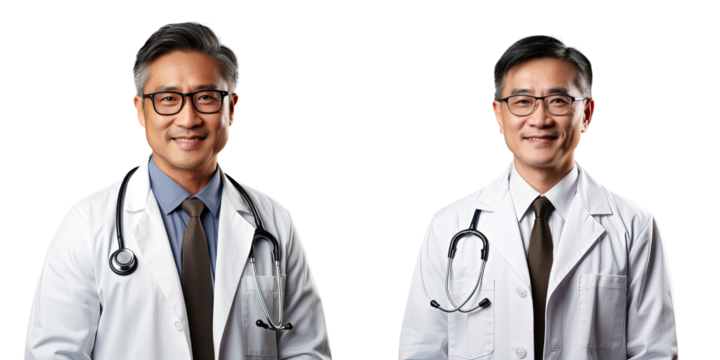 Cheerful middle aged Asian male therapist in white coat glasses and stethoscope offers medicine and healthcare treatment isolated on transparent background
