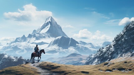 riding horse in mountains in winter. - obrazy, fototapety, plakaty