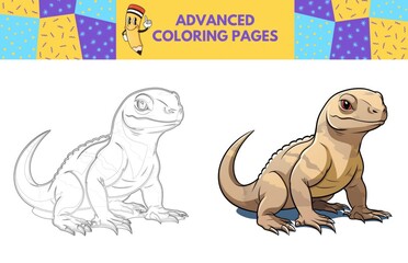 Komodo Dragon coloring page with colored example for kids. Coloring book