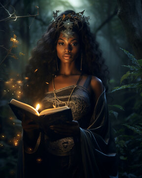 A Beautiful Mysterious African American Witch Holding A Magic Book In A Fairy Night Forest