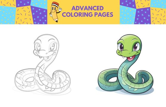 Snake coloring page with colored example for kids. Coloring book