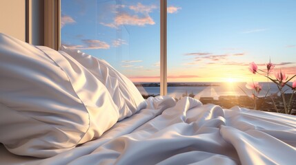 Smooth silk curtain adds elegance to bedroom. Generative AI.