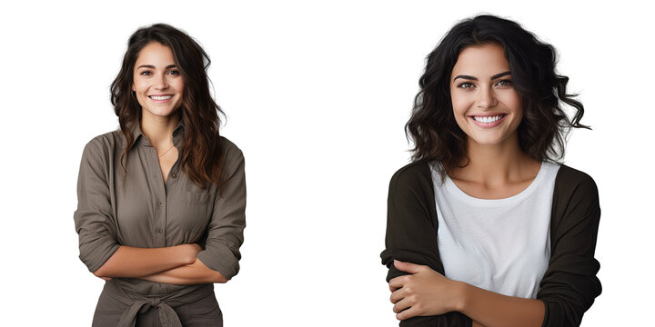 Friendly woman with a warm smile holding hands and looking at the camera on a transparent background