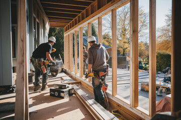 a team of workers is building a house