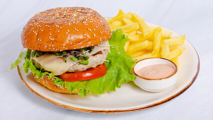 Tuna burger and fries 