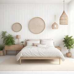 Home mockup, bedroom interior background with rattan furniture and blank wall, Coastal style, 3D render