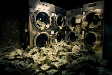 Flying money banknotes in a laundromat with washing machines, money laundering illustration concept - obrazy, fototapety, plakaty
