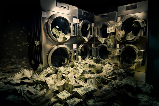 Flying money banknotes in a laundromat with washing machines, money laundering illustration concept © Delphotostock