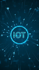 Blue digital IOT logo and ring rotation around logo with ai icon spread and line linked on abstract background with internet of things
